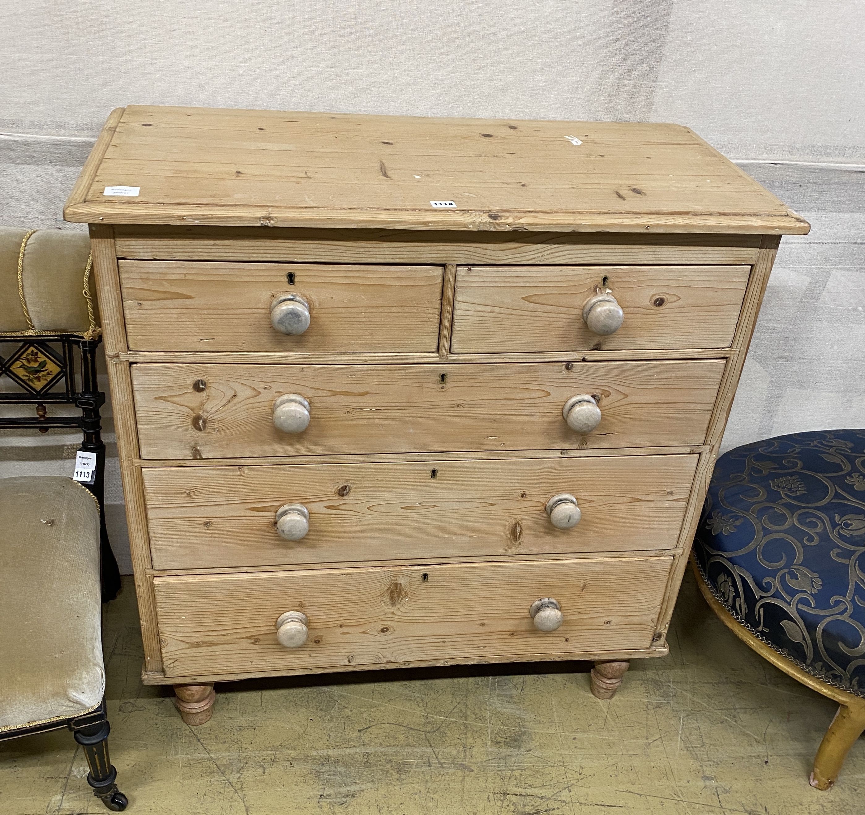 A Victorian pine chest of two short and three long drawers, width 94cm, depth 44cm, height 96cm